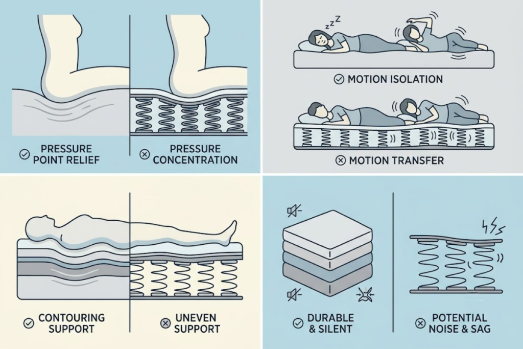 Hybrid mattress combining foam and pocket springs