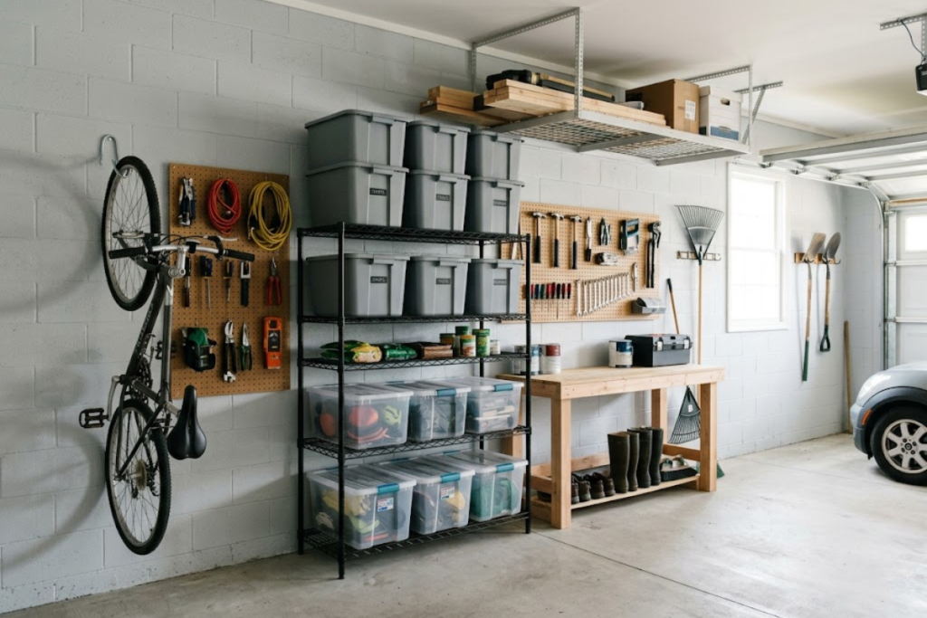 Garage storage ideas using wall shelves hooks and labeled bins