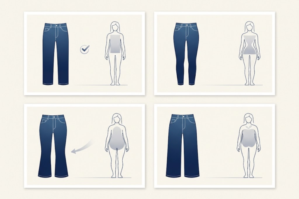Jeans for body shape in straight wide and flared cuts