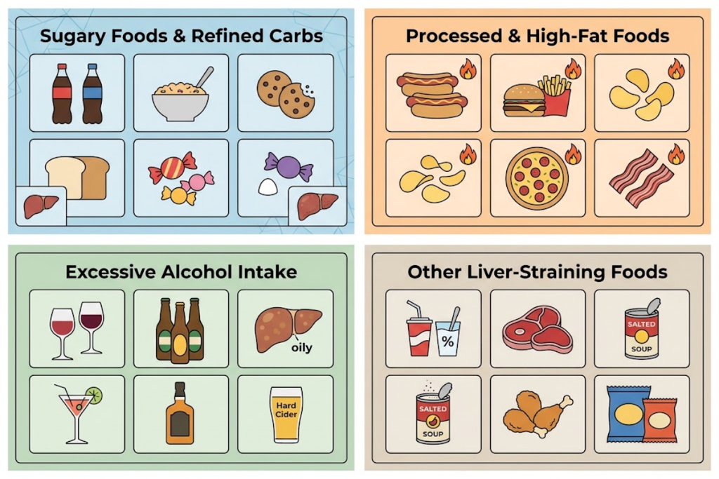 Foods bad for liver health including processed meals